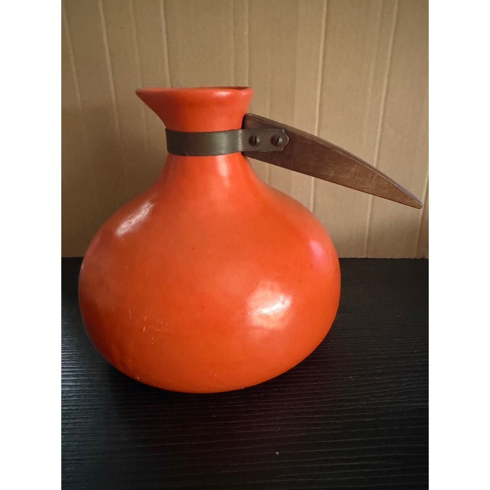 Vintage Mid Century Modern Orange Ceramic Pitcher Wood Handle Carafe Vase